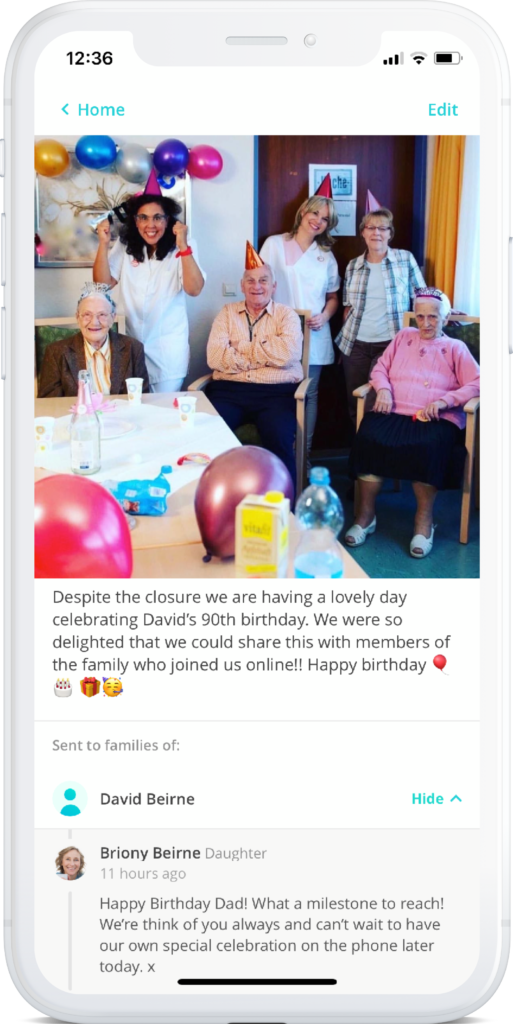 A social media post with 3 care workers and 3 care home residents celebrating a birthday party. The text on the post reads "Despite the closure we are having a lovely day clelebrating David's 90th birthday. We were so delighted that we could share this with members of the family who joined us online! Happy Birthday!"