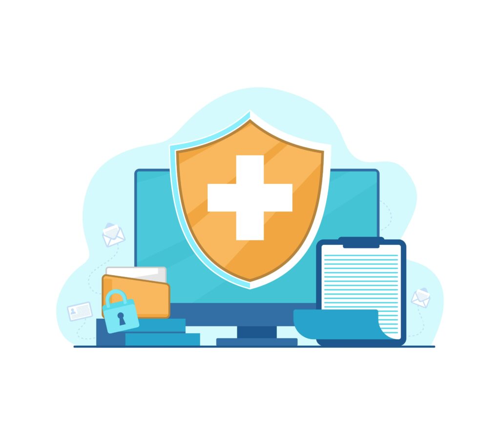 A laptop screen with health record synbols