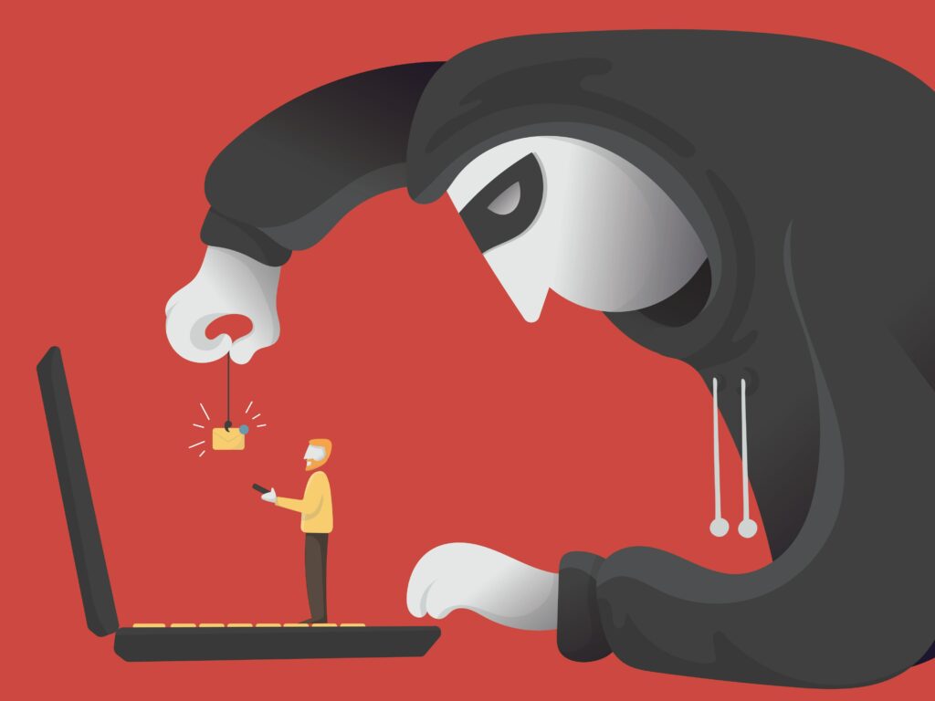 llustration of a man being tempted by a present a man wearing a mask