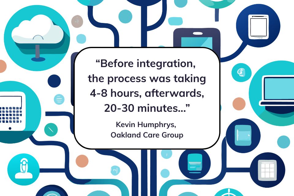 A quotation reading “Before integration, the process was taking 4-8 hours, afterwards, 20-30 minutes..." is placed in front of a graphic-style image with connotations of digital and connection.
