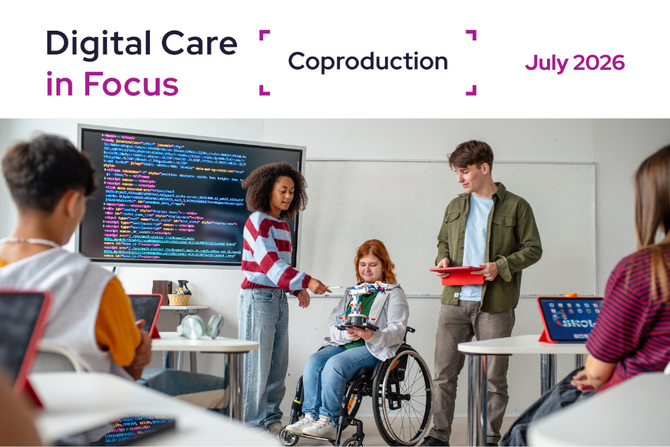Image of young people, including a person in a wheelchair, holding a robot. There is a computer screen with coding in the background