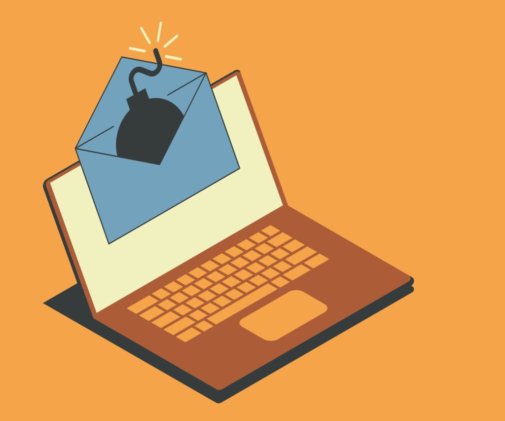 Illustration of laptop with envelope including a time bomb